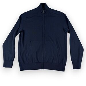 Banana Republic Sweater Mens L Navy Blue Merino Wool Blend Mock Neck Full Zip